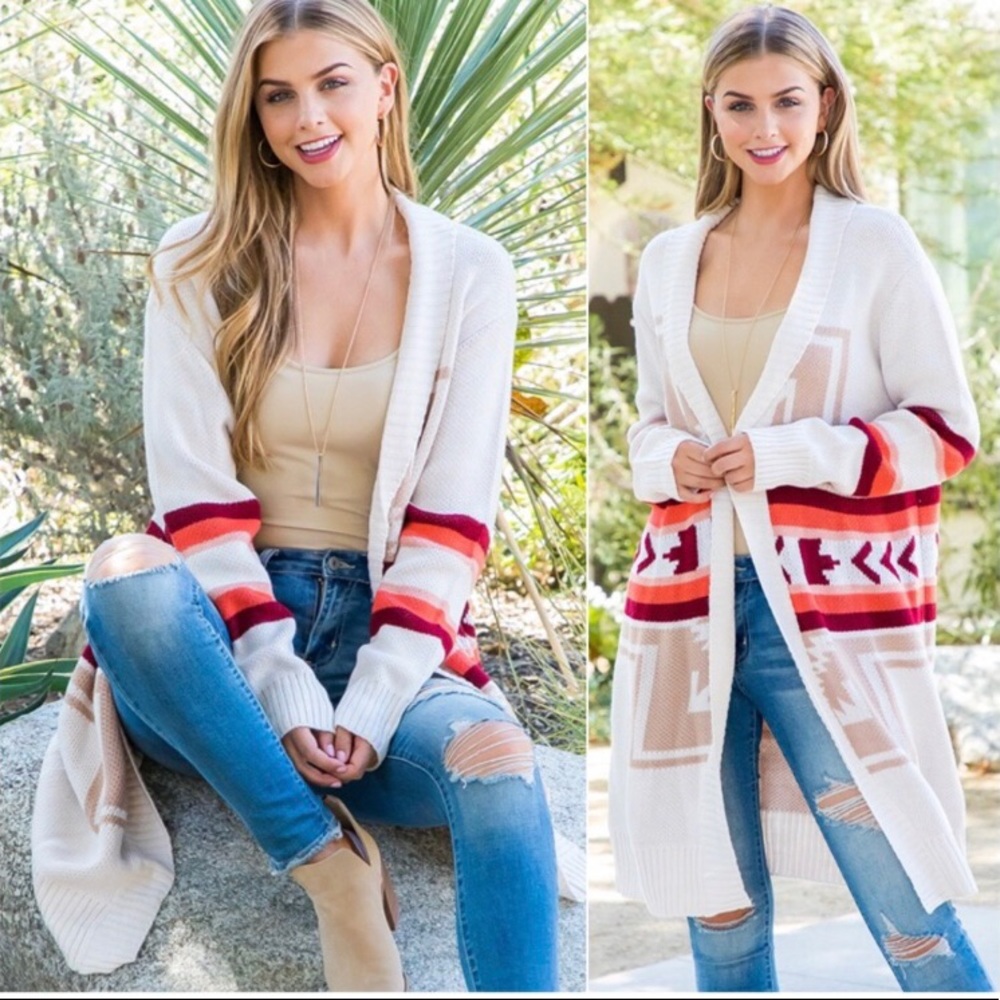 LAST ONE: Women’s Aztec print fall colors knee length cardigan sweater